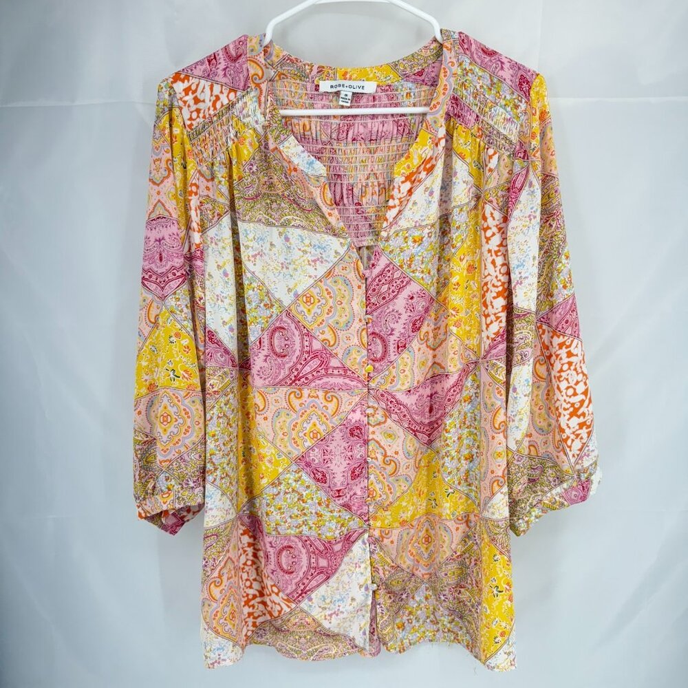 Rose & Olive Women 1X Floral Blouse Tunic Top Smocked Back Pink Peach 3/4 Sleeve